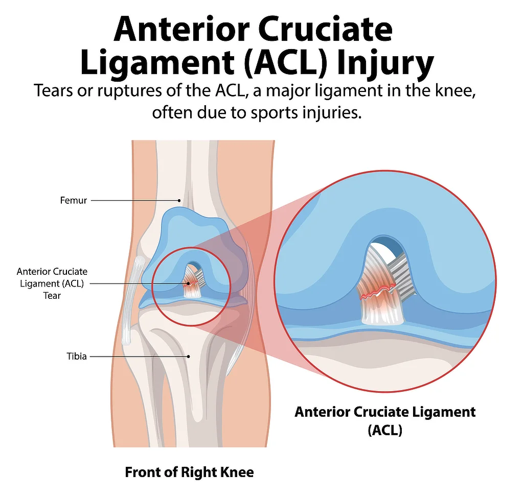 Illustration of ACL tear in right knee showing ligament damage.